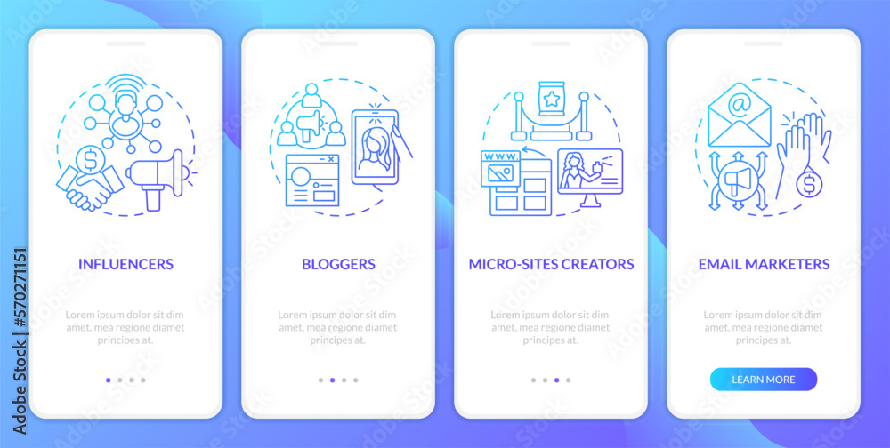 Affiliate marketers types blue gradient onboarding mobile app screen. Sales walkthrough 4 steps graphic instructions with linear concepts. UI, UX, GUI template. Myriad Pro-Bold, Regular fonts used