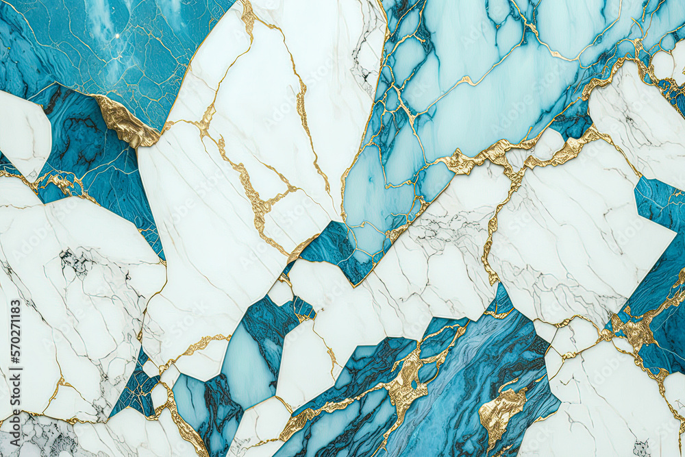 Aqua blue marble stone texture with golden veins, Generative AI Stock