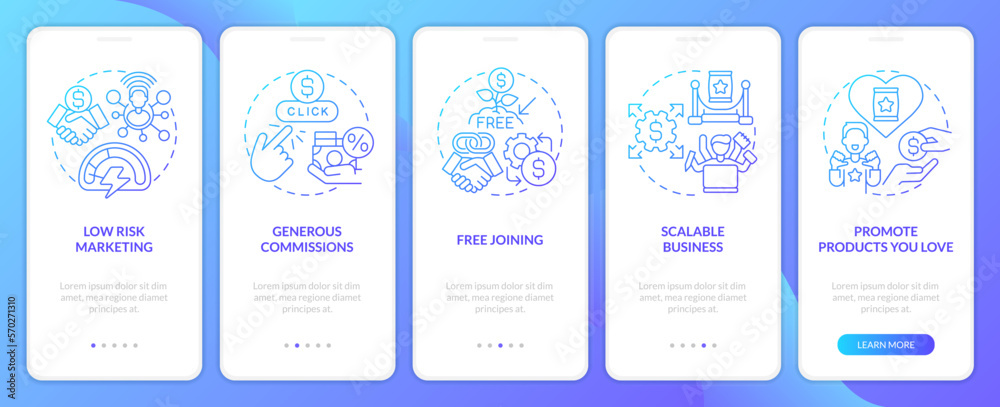 Affiliate marketer benefits blue gradient onboarding mobile app screen. Walkthrough 5 steps graphic instructions with linear concepts. UI, UX, GUI template. Myriad Pro-Bold, Regular fonts used