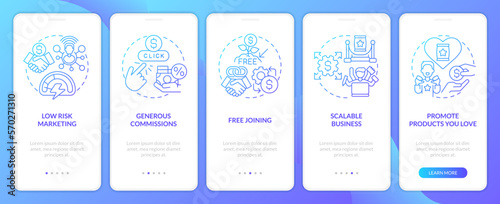 Affiliate marketer benefits blue gradient onboarding mobile app screen. Walkthrough 5 steps graphic instructions with linear concepts. UI, UX, GUI template. Myriad Pro-Bold, Regular fonts used