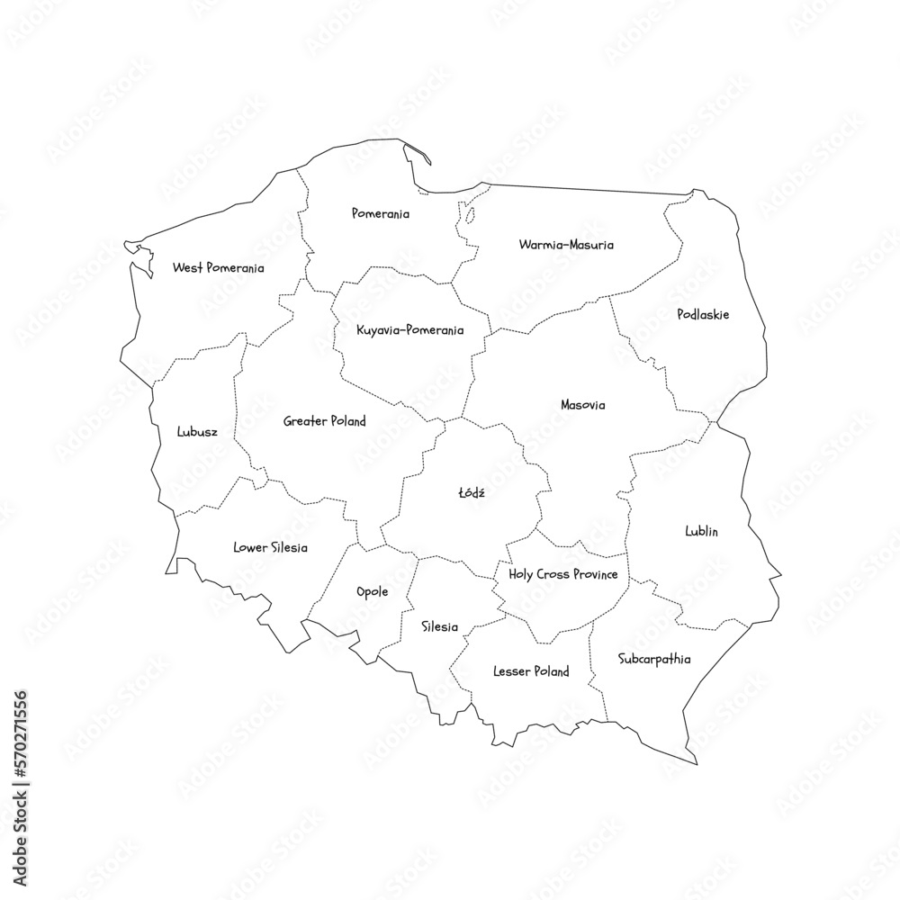 Poland political map of administrative divisions - voivodeships. Handdrawn doodle style map with black outline borders and name labels.