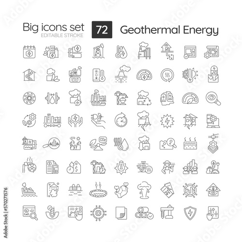 Geothermal energy linear icons set. Alternative power. Green electricity. Technologies and usage. Customizable thin line symbols. Isolated vector outline illustrations. Editable stroke