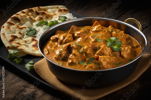 Indian butter chicken curry in balti dish. Generative AI photo