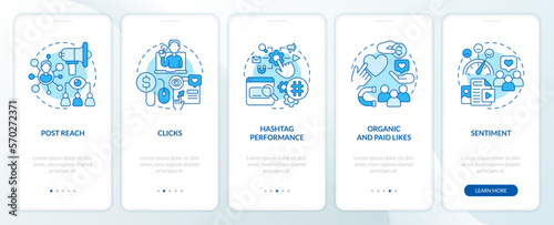 Social media advertising metrics blue onboarding mobile app screen. Walkthrough 5 steps editable graphic instructions with linear concepts. UI, UX, GUI template. Myriad Pro-Bold, Regular fonts used