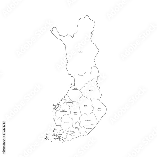 Finland political map of administrative divisions - regions and one autonomous region of Aland. Handdrawn doodle style map with black outline borders and name labels.