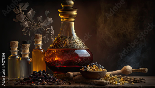 Frankincense essential oil. Generative AI image. photo