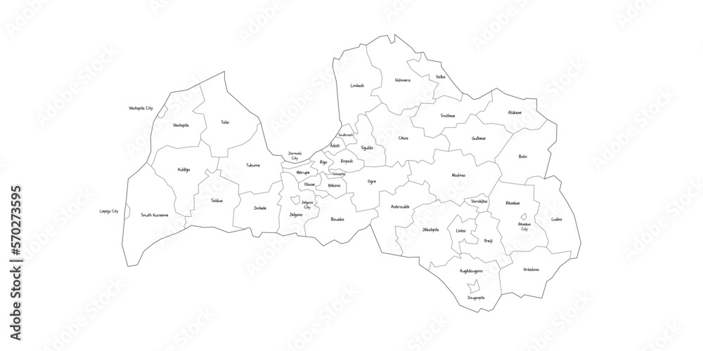 Latvia political map of administrative divisions - municipalities and cities. Handdrawn doodle style map with black outline borders and name labels. Latvia political map of administrative divisions - municipalities and cities. Handdrawn doodle style map with black outline borders and name labels.