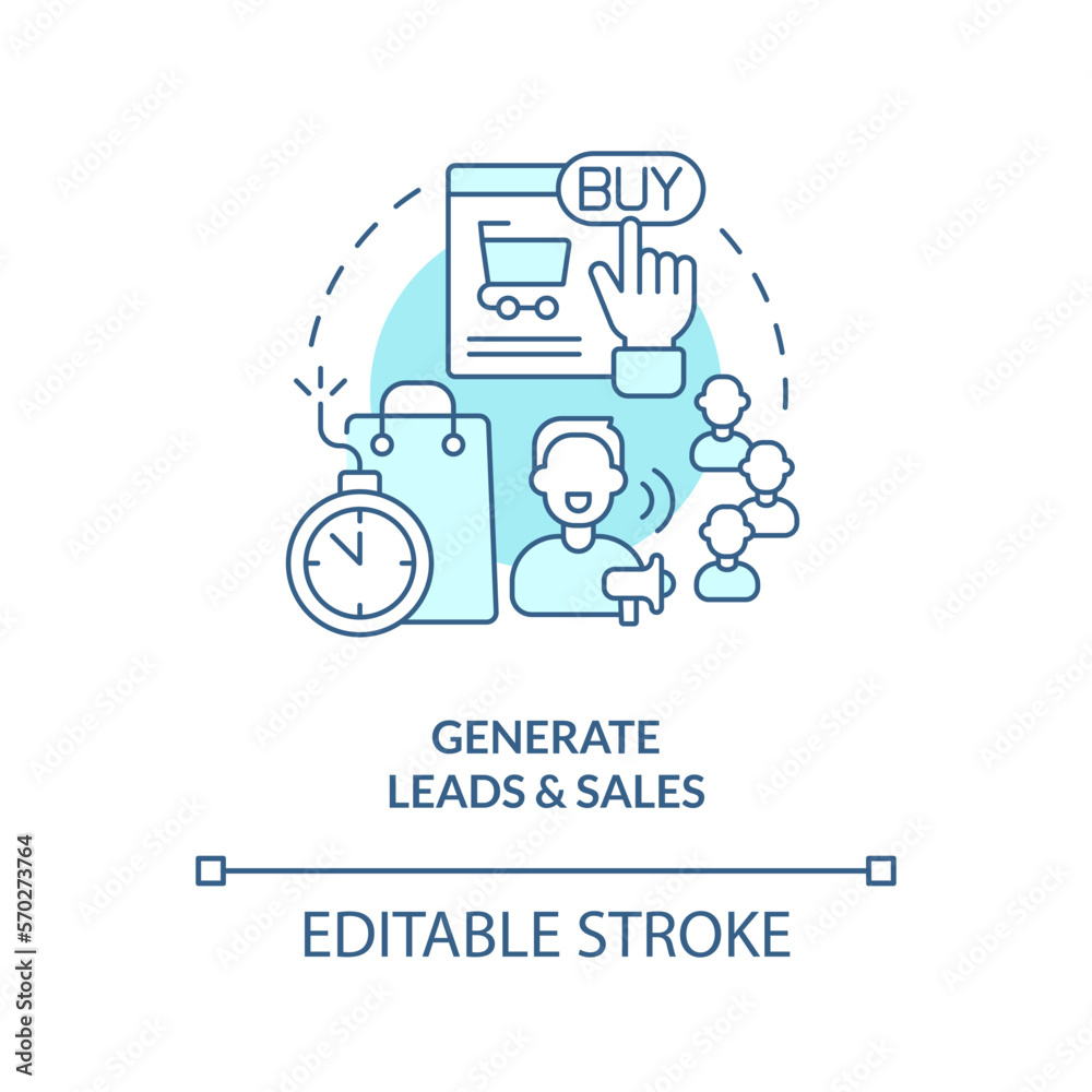 Generate leads and sales turquoise concept icon. Social media advertising goal abstract idea thin line illustration. Isolated outline drawing. Editable stroke. Arial, Myriad Pro-Bold fonts used