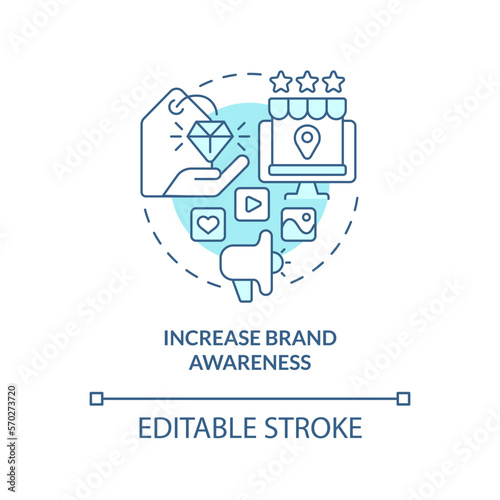 Increase brand awareness turquoise concept icon. Social media advertising goal abstract idea thin line illustration. Isolated outline drawing. Editable stroke. Arial, Myriad Pro-Bold fonts used