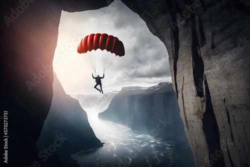 Person base jumping off cliff with parachute, concept of Thrill-seeking and Risk-taking, created with Generative AI technology photo