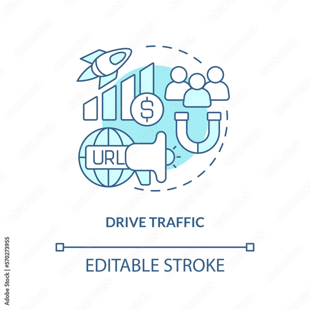 Drive traffic turquoise concept icon. Conversions. Social media advertising goal abstract idea thin line illustration. Isolated outline drawing. Editable stroke. Arial, Myriad Pro-Bold fonts used Drive traffic turquoise concept icon. Conversions. Social media advertising goal abstract idea thin line illustration. Isolated outline drawing. Editable stroke. Arial, Myriad Pro-Bold fonts used