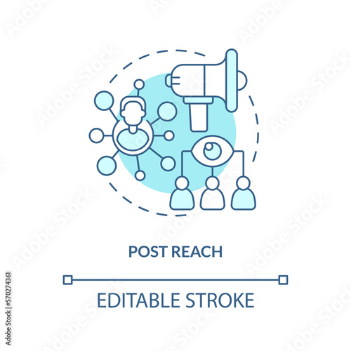 Post reach turquoise concept icon. Social media advertising metric abstract idea thin line illustration. Isolated outline drawing. Editable stroke. Arial, Myriad Pro-Bold fonts used