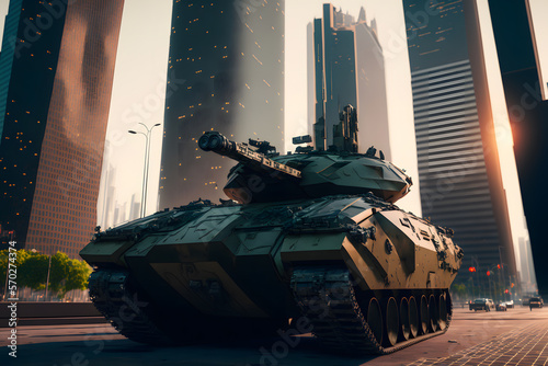 Modern futuristic battle tank with turret and cannon in city center. Neural network generated art photo