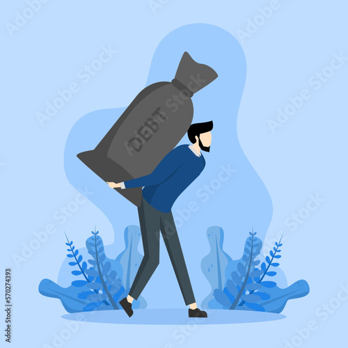 mortgage or borrow money problem concept, debt burden, financial obligation or loan repayment, heavy burden of money failure, businessman trying to carry bag of money losing big debt banknotes.