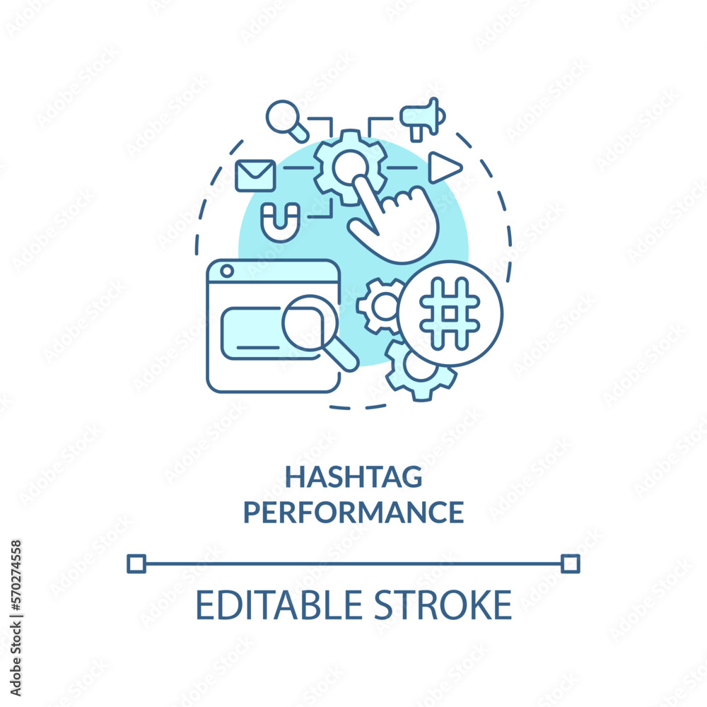 Hashtag performance turquoise concept icon. Social media advertising metric abstract idea thin line illustration. Isolated outline drawing. Editable stroke. Arial, Myriad Pro-Bold fonts used