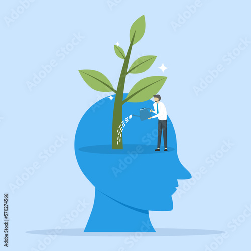 Growth mindset, training to believe in success, motivation or coaching, growing attitude concept, personal development or improvement, man watering plant seeds growing from head brain.