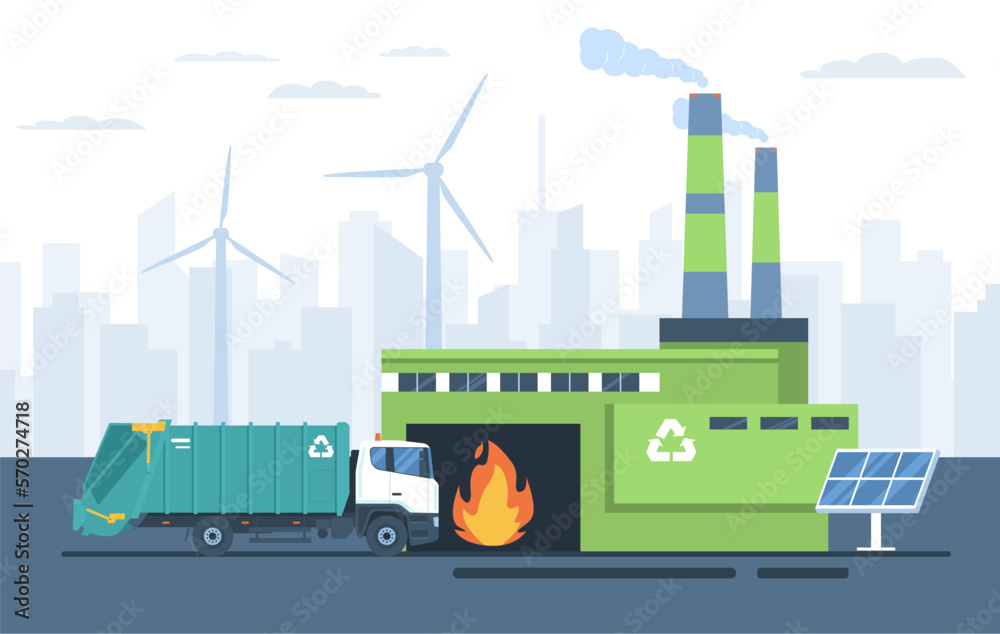 Garbage truck and incinerator on abstract cityscape background. Vector illustration.
