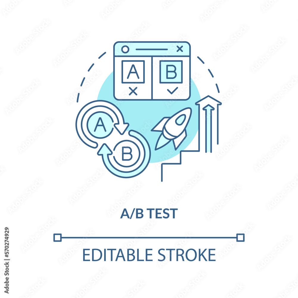 A B test turquoise concept icon. Versions of ads. Social media advertising tip abstract idea thin line illustration. Isolated outline drawing. Editable stroke. Arial, Myriad Pro-Bold fonts used