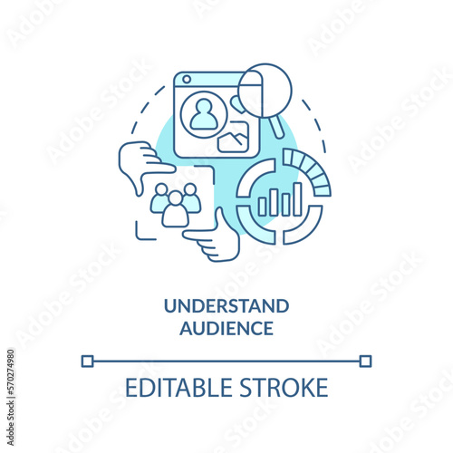 Understand audience turquoise concept icon. Get started with social media advertising abstract idea thin line illustration. Isolated outline drawing. Editable stroke. Arial, Myriad Pro-Bold fonts used