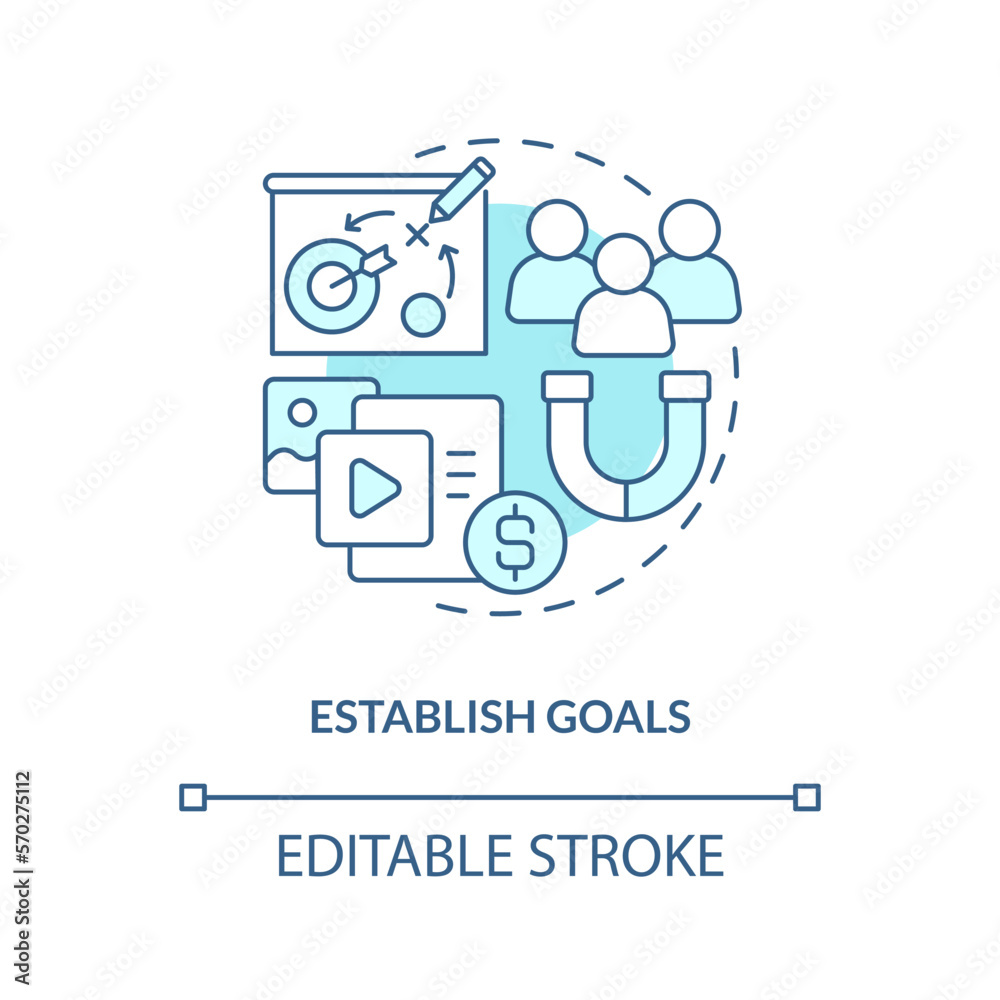 Establish goals turquoise concept icon. Get started with social media advertising abstract idea thin line illustration. Isolated outline drawing. Editable stroke. Arial, Myriad Pro-Bold fonts used