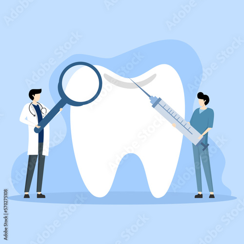 Dentistry Examination Concept. Dentist and Nurse working together in Dental Clinic. Medical Staff in Stomatology Center Examining Patient Teeth. Flat Cartoon Vector Illustration.