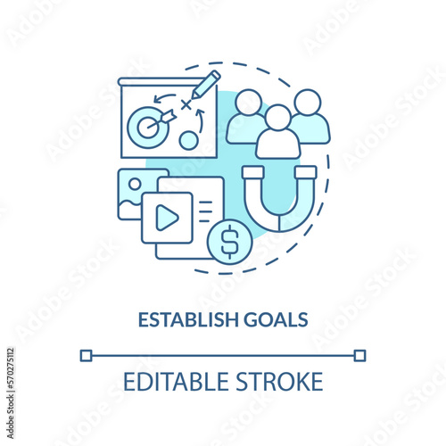 Establish goals turquoise concept icon. Get started with social media advertising abstract idea thin line illustration. Isolated outline drawing. Editable stroke. Arial, Myriad Pro-Bold fonts used photo