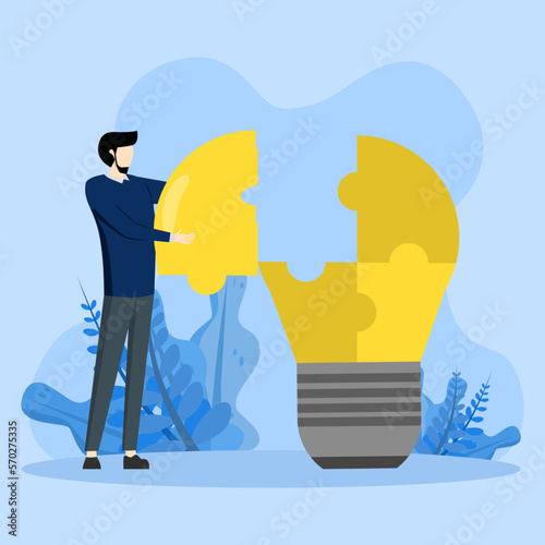 idea, creativity or innovation to fix a problem or problem concept, Problem solver, get solution to overcome difficulties, Businessman solving light bulb idea puzzle by connecting last jigsaw pieces.