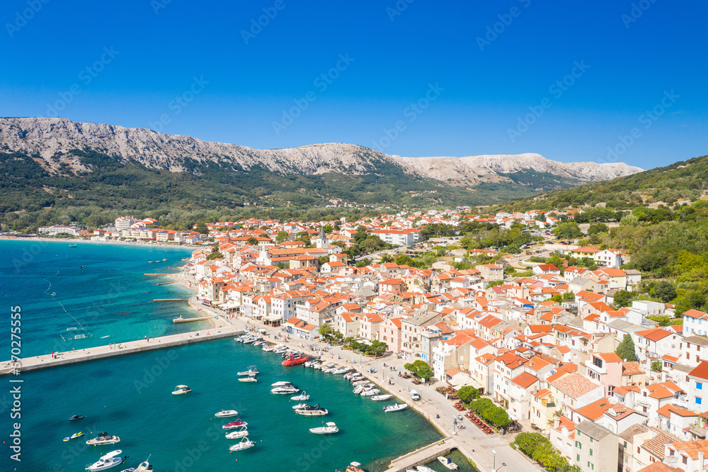 Town of Baska on Krk island, Adriatic sea, Croatia, aerial viow