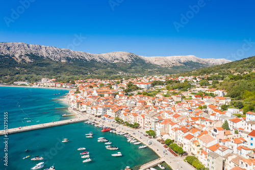 Town of Baska on Krk island, Adriatic sea, Croatia, aerial viow