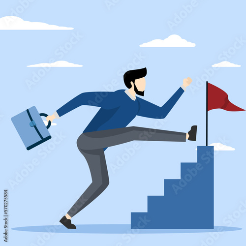 Shortcut or progress in career development or working to achieve target, skipping steps to achieve goal or beginner mistake by trying hard way to success concept, businessman skipping steps to achieve