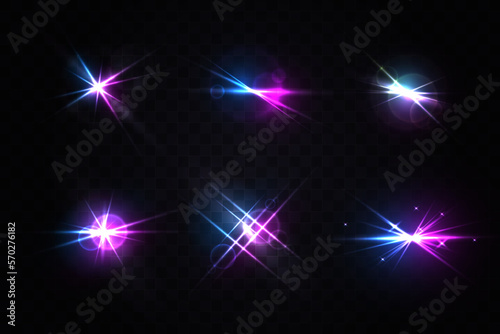 Set of realistic light glare, highlight. Glowing effects. Photography camera light or sunlight reflection from lens. Stars in space. Isolated glints set.