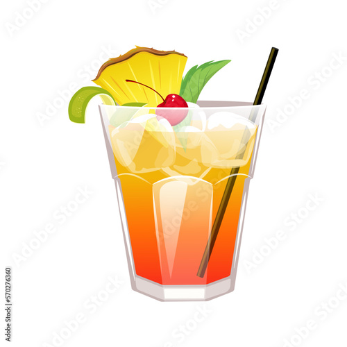 "Mai-Tai" cocktail.Classic alcoholic cocktail with rum, liqueur, lime, decorated with pineapple, mint, lime zest, cherry.