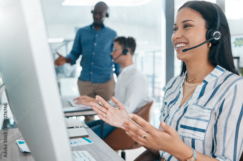 Fototapeta premium Crm, woman discussion and call center business call conversation at a computer working. Telemarketing worker, company networking and happy contact us worker on a digital consultation for tech help