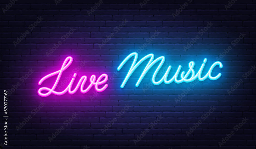 Live Music neon sign on brick wall background.