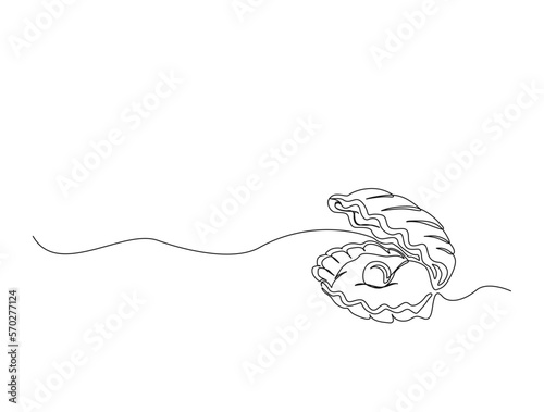 Continuous one line drawing of open pearl shell. Simple illustration of shell with pearl line art vector illustration
