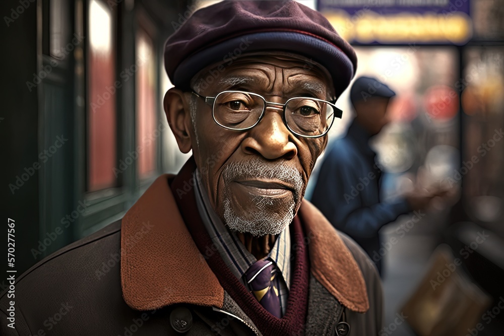 close up portrait of an old African American man walking in urban street, Generative Ai not real person