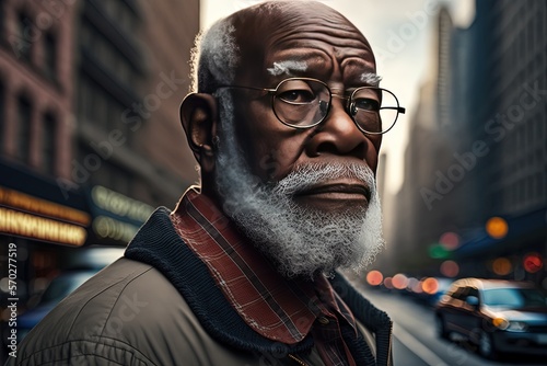 close up portrait of an old African American man walking in urban street, Generative Ai not real person