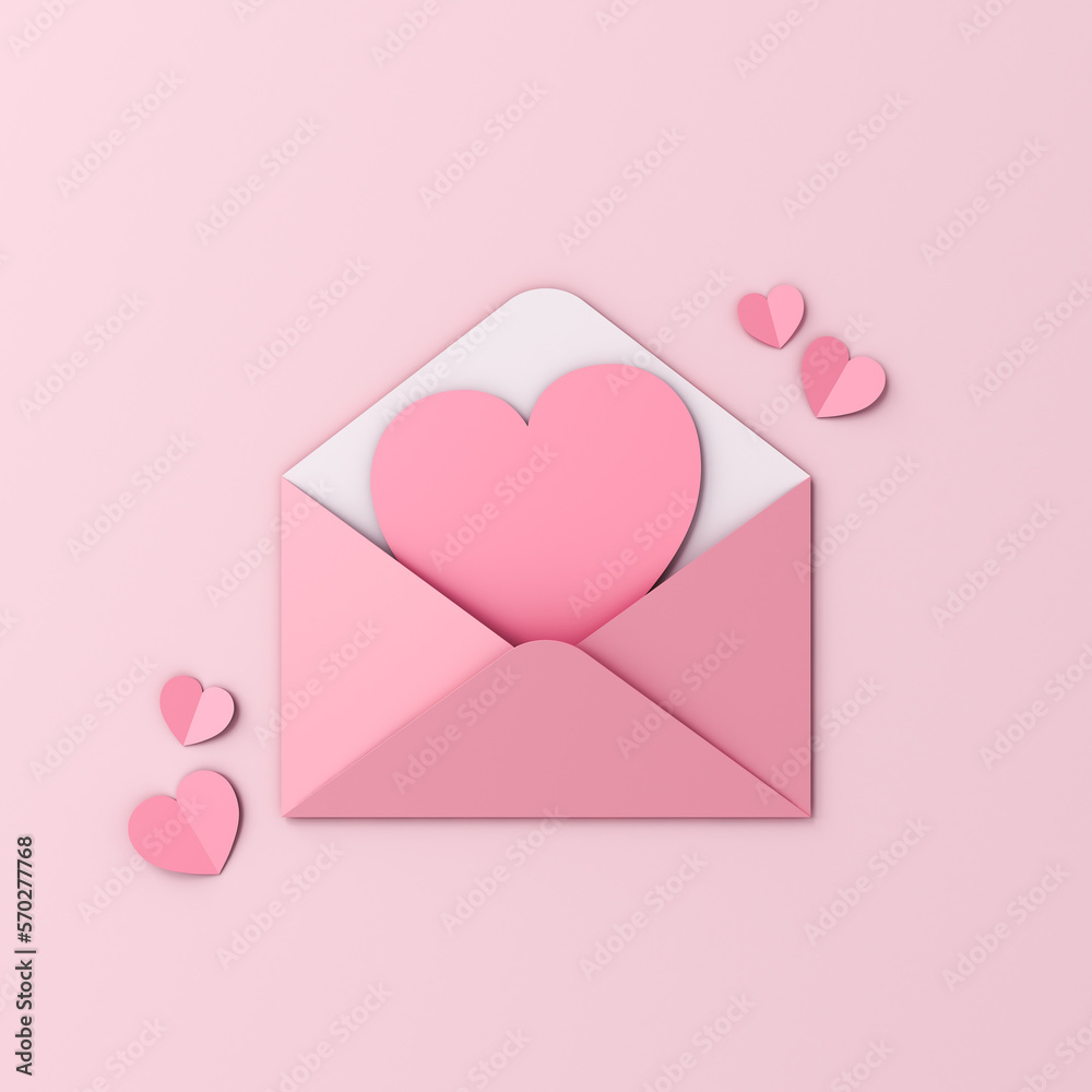 Creative idea love letter concepts blank pink heart shape paper card in pink envelope and pink origami hearts isolated on light pink pastel color background minimal conceptual 3D rendering