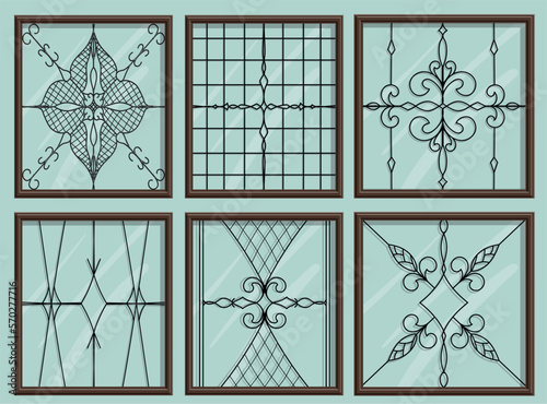 Vintage wrought iron window set in vector. Isolated