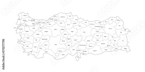 Turkey political map of administrative divisions - provinces. Handdrawn doodle style map with black outline borders and name labels.