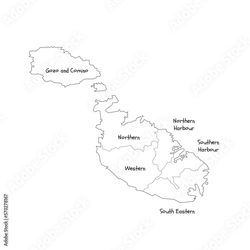Malta political map of administrative divisions - regions. Handdrawn doodle style map with black outline borders and name labels.