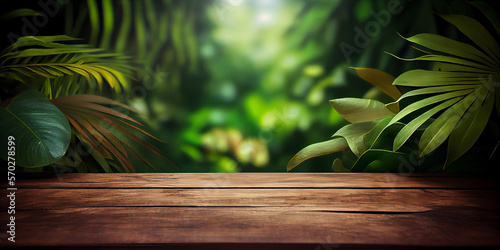 Empty wooden table top product display showcase stage with tropical lush jungle leaves background. Generative ai