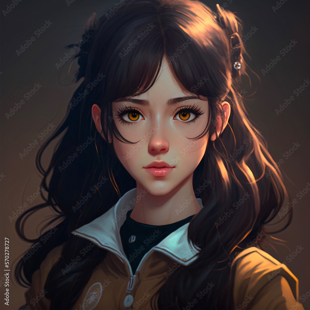 Beautiful young brunette woman with golden eyes. Cute anime girl, dark ...