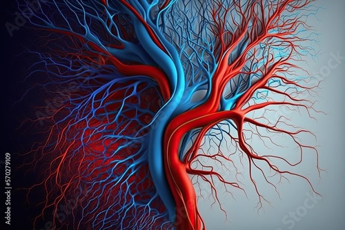 Representation of circulation of blood with bright red and blue veins and arteries, concept of Vascular System and Circulatory System, created with Generative AI technology photo