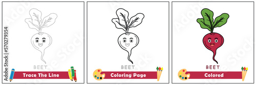 trace and color for kids, coloring book for kids, beet kawaii vector. photo