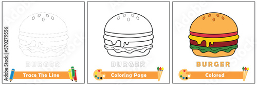 trace and color for kids, coloring book for kids, burger vector.