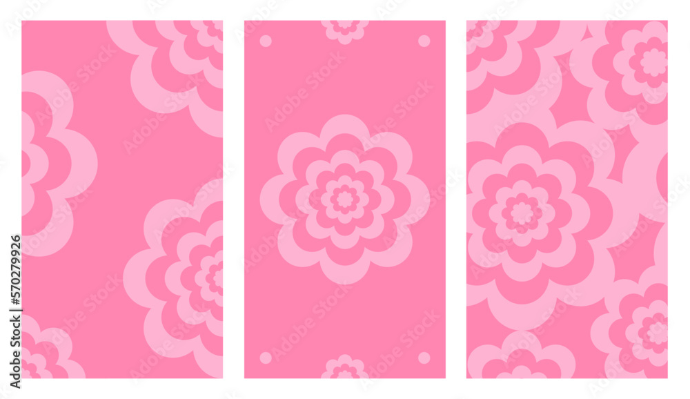 Set of Pink Floral Backgrounds, Social Media Vertical Stories Templates, With Copy Space For Text. Magenta Flower Texture in Simple Modern Style, Background for Banner, Greeting Card, Poster or Advert