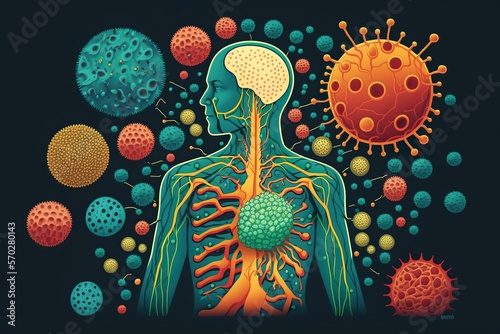 Illustration of human immune system with colorful cells antibodies and viruses showing battle between defenses and invading pathogens, concept of Immunity, created with Generative AI technology photo