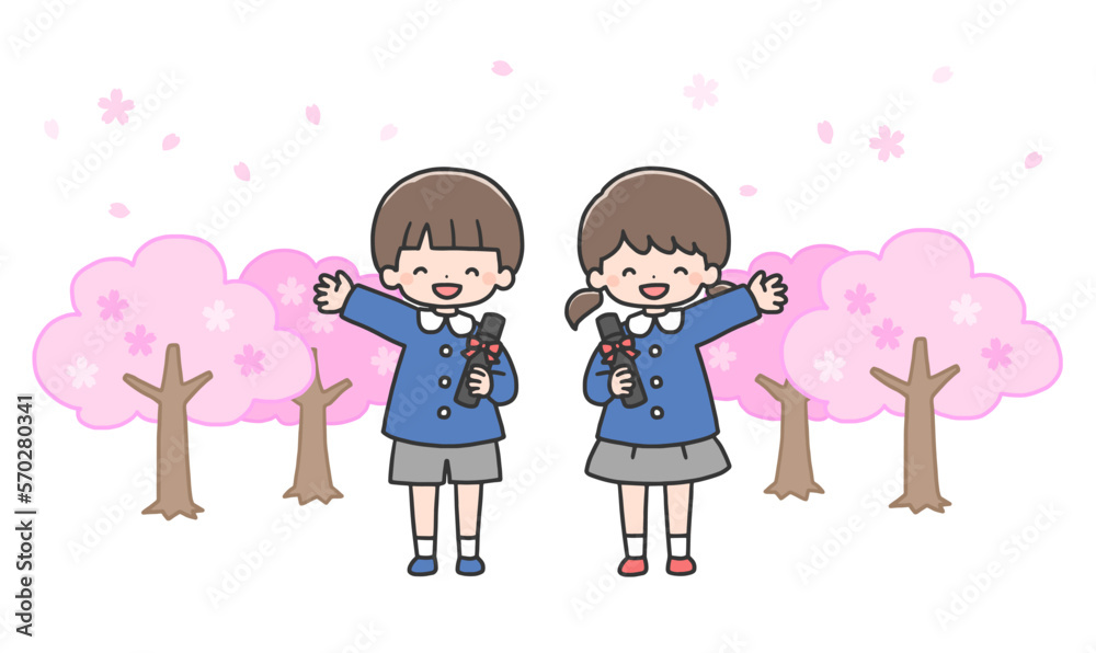 卒園式 桜の前に並んで立つ男の子と女の子 卒園式 桜の前に並んで立つ男の子と女の子