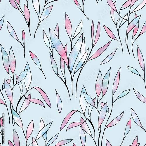 Blue and pink foliage watercolor painting - seamless pattern on light blue background